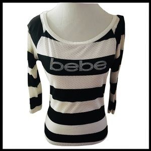 BNWOT, Black and white striped BeBe logo top